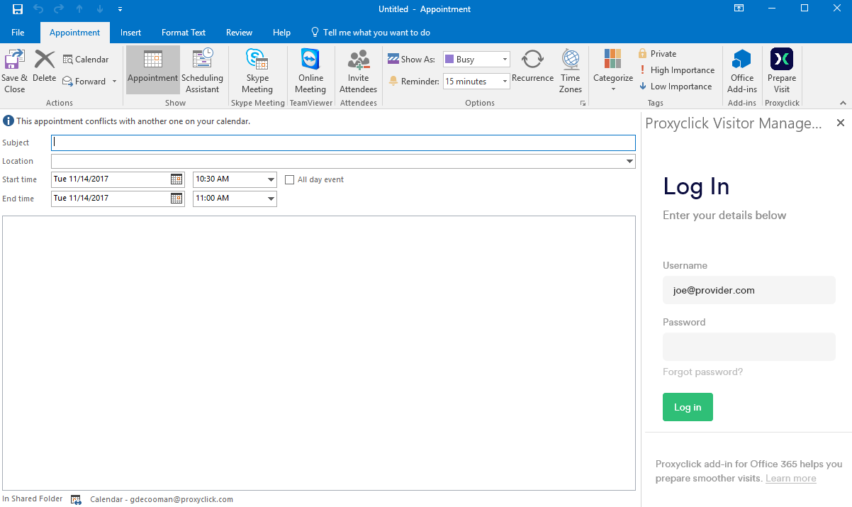 Add-in Outlook pour Proxyclick